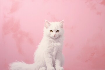 Fluffy white cat against a pink background