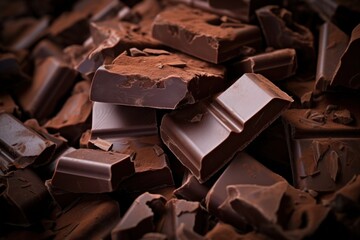 Dark chocolate pieces broken into chunks, rich, bittersweet chocolate in close-up, chocolate...