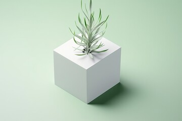 White cube with a plant growing out of it on a pale green background,