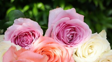 Beautiful bouquet of roses on light grey table outdoors, closeup