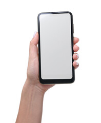 Woman holding smartphone with blank screen isolated on white, closeup. Mockup for design
