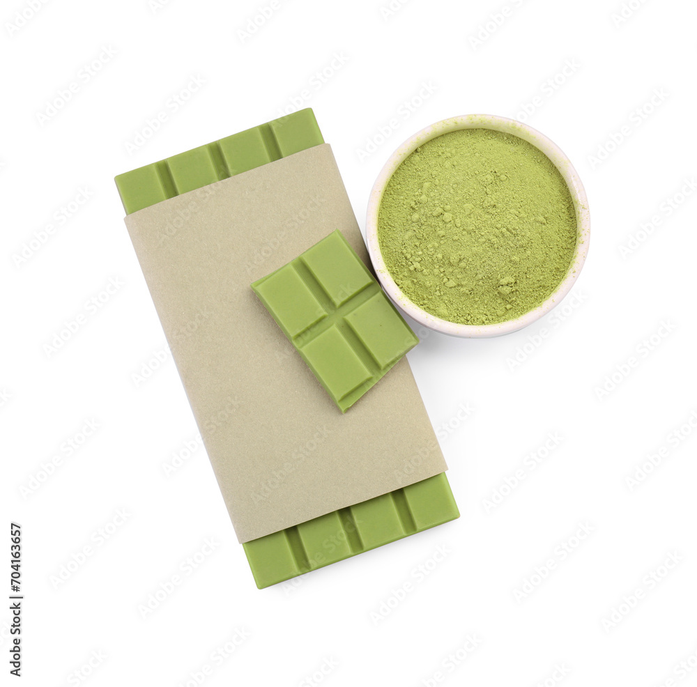 Wall mural tasty matcha chocolate bar and powder isolated on white, top view - Wall murals
