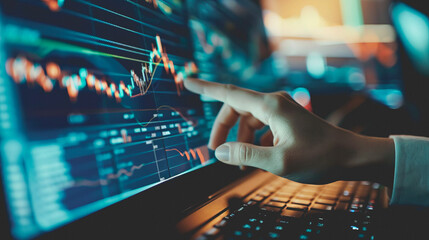 Man hand pointing to a digital financial chart on laptop - Trading and business concept - Model by AI generative
