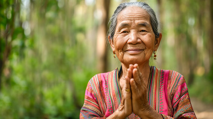 Old asian woman holds her hands in prayer outdoor - Model by AI generative - obrazy, fototapety, plakaty
