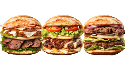 Set of Turkish doner kebab sandwich, canadian peameal bacon, Korean bulgogi beef sandwich, German...