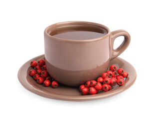 Aromatic hawthorn tea in cup and berries isolated on white