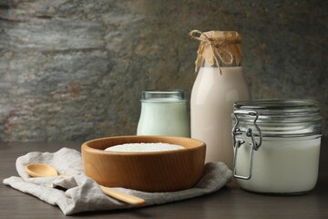 Lactose free dairy products on wooden table