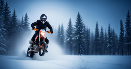 motocross on an enduro motorcycle in the snow in winter, a motorcyclist in equipment and a helmet rides off-road