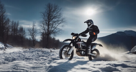 Naklejka premium motocross on an enduro motorcycle in the snow in winter, a motorcyclist in equipment and a helmet rides off-road