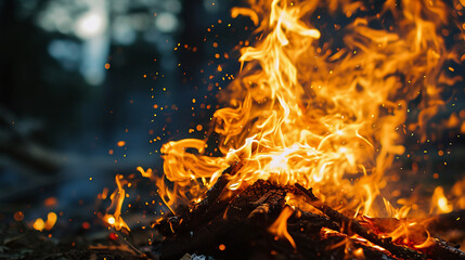 Close up of bonfire with orange yellow fire flame and red hot coals at night, fire flames burning wood in campfire - obrazy, fototapety, plakaty