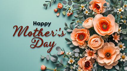 Celebrate Mother's Day with a warm message embraced by vibrant orange flowers set against a serene blue background. - obrazy, fototapety, plakaty