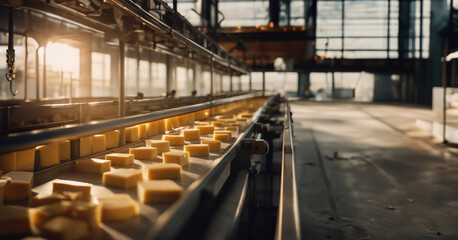 Fototapeta premium Cheese production at a dairy products factory, conveyor line with cheese.