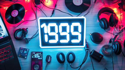 1999 written in neon letters, with vintage electronics of the era. Graphic banner - obrazy, fototapety, plakaty