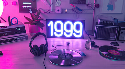 1999 written in neon letters, with vintage electronics of the era. Graphic banner