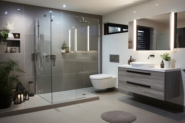 Modern bathroom interior with large shower and gray tiles - obrazy, fototapety, plakaty