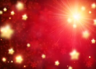 Red magic background with defocused yellow stars on bright sky.