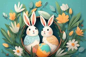 happy easter day poster template with a background of colorful eggs and rabbits in the meadow
