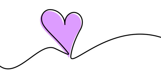 Single purple heart continuous wavy line art drawing on white background. Happy Valentine's day header or banner or letter template.