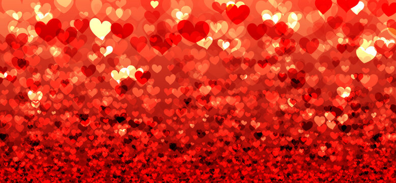 Red magic background with glittering heart shapes. Happy Valentine's day header or banner or letter template.
