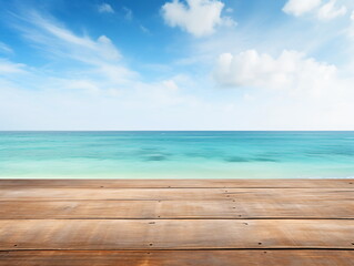 Fototapeta premium Wooden table with blurred beach and ocean background