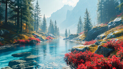 peaceful landscape, river with crystal clear water runs between the mountain, colorful trees on the bank, spring celebration, Landscape concept, generative ai