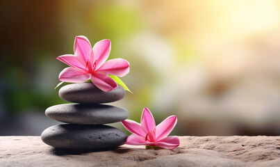Naklejka na ściany i meble Spa still life with zen stones and flowers, yoga meditation concept illustration background