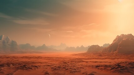 Beautiful desert landscape with mountains and sand on the red planet Mars. - obrazy, fototapety, plakaty