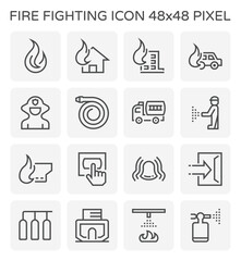 Fire fighting system, equipment vector icon i.e. alarm, sprinkler, hose, extinguisher, firefighter or fireman for safety, protection, emergency, rescue and fire suppression by water chemical. 48x48 px