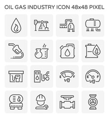 Oil gas industry vector icon i.e. global process of exploration, extraction and refinery. Transport by oil tanker, pipe or pipeline. Include petroleum product, gas station service and worker. 48x48 px