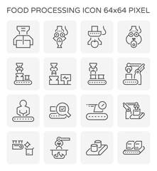 Food processing, manufacturing on production line vector icon. Include conveyor belt machine, robotic arm, box package and product. Automation technology in industrial plant or factory. 64x64 pixel.