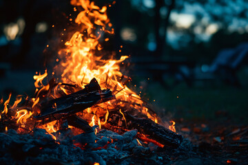 Close up of bonfire with orange yellow fire flame and red hot coals at night, fire flames burning wood in campfire