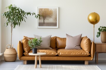 A stylish living room with a large brown leather sofa, plants, and a golden lamp