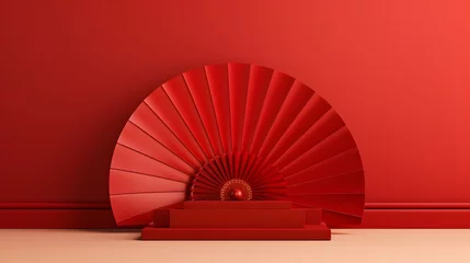 Fotobehang Chinese new year, Red podium display mockup on red abstract background with red hand paper fan, Stage for product minimal presentation, 3d rendering. © Ziyan Yang