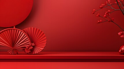 Chinese new year, Red podium display mockup on red abstract background with red hand paper fan, Stage for product minimal presentation, 3d rendering.
