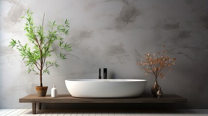 A modern bathroom with a large bathtub, plants, and a vase