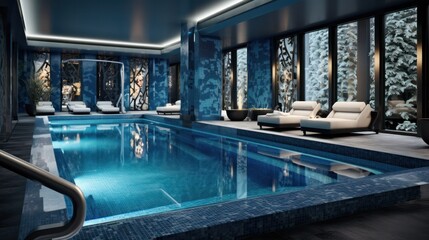 Luxurious villa swimming pool, evening view