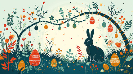 happy easter day poster template with a background of colorful eggs and rabbits in the meadow
 - obrazy, fototapety, plakaty