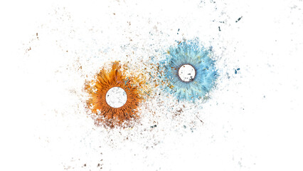 Galaxy explosion effect of human eyes colliding on white background. Close-up of blue and brown...