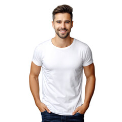 Obraz premium Young man wearing white T-shirt isolated on white background