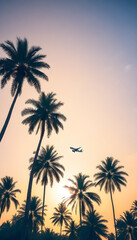 Airplane flying above palm trees in clear sunset sky with sun rays. Concept of traveling, vacation and travel by air transport. Beautiful sky background. 
