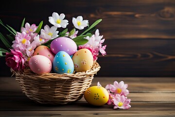 Obraz na płótnie Canvas Happy easter, Easter painted eggs in the basket on wooden rustic table for your decoration in holiday. copy space - generative ai