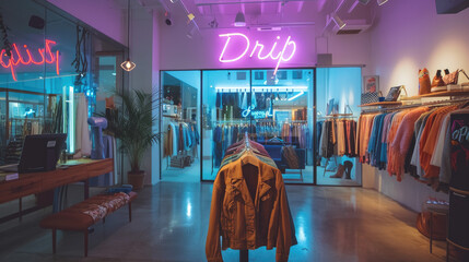 Drip written in neon sign letters at a clothing store. Gen Z slang for outfits, fashionable clothing - obrazy, fototapety, plakaty