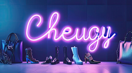 Cheugy written in a neon sign. Gen Z slang for uncouth, trashy, outdated fashion - obrazy, fototapety, plakaty