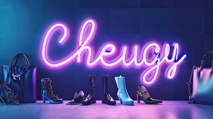 Fotobehang Cheugy written in a neon sign. Gen Z slang for uncouth, trashy, outdated fashion © MelissaMN