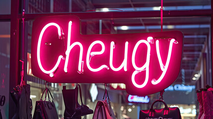 Cheugy written in a neon sign. Gen Z slang for uncouth, trashy, outdated fashion - obrazy, fototapety, plakaty