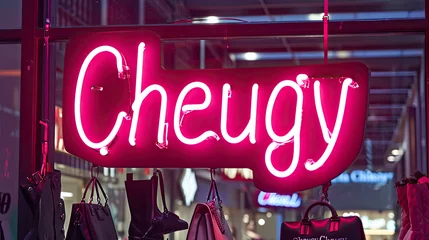 Fotobehang Cheugy written in a neon sign. Gen Z slang for uncouth, trashy, outdated fashion © MelissaMN