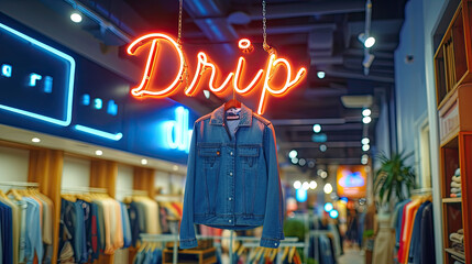 Drip written in neon sign letters at a clothing store. Gen Z slang for outfits, fashionable clothing