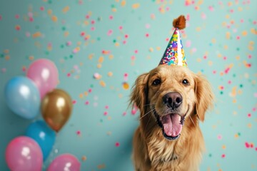 Happy golden retriever dog wearing a party hat celebrating at a birthday party with falling confetti
