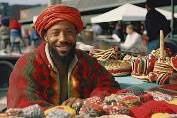 An African American vendor proudly displays handmade