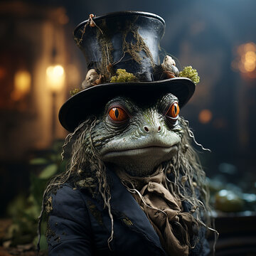 An ungly frog person in a top hat